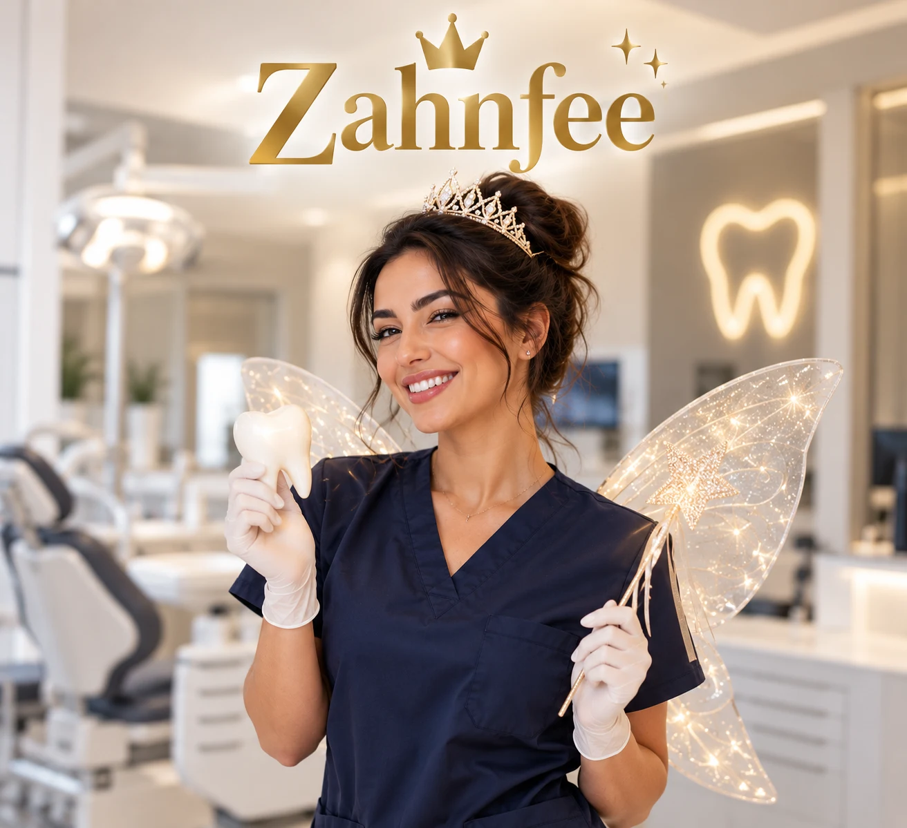 Zahnfee-Motiv: eine Frau in blauer Praxiskleidung mit Krone, Feenflügeln und einem Zahnmodell. KI-generiertes Symbolbild für die Karriereseite.