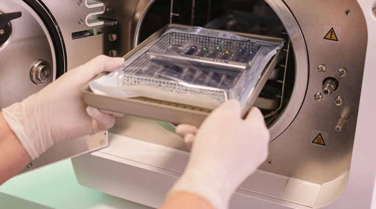 Hände in Handschuhen schieben eine Instrumentenkassette in einen Sterilisator.