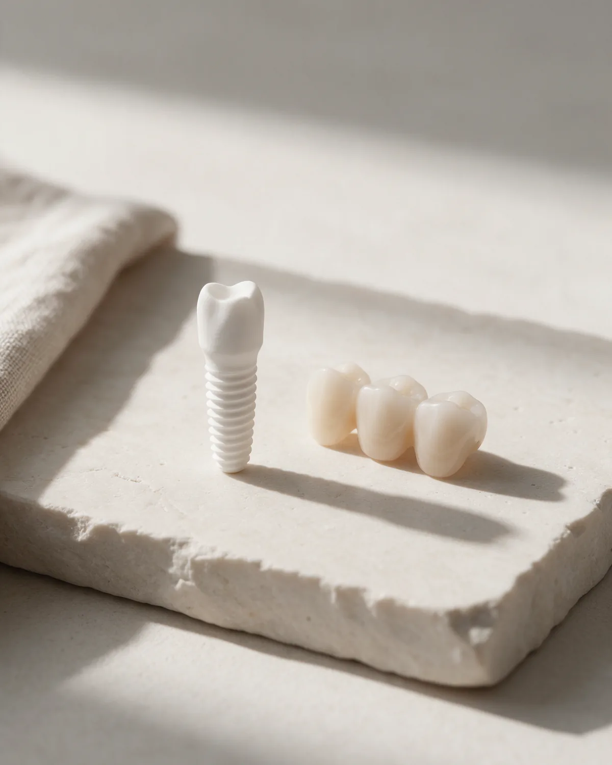 Ein weißes Keramikimplantat mit feinem Schraubgewinde steht aufrecht neben einer kurzen dreigliedrigen Keramikbrücke auf einer hellen Kalksteinplatte, daneben liegt gefaltetes Leinen im Morgenlicht. KI-generiertes Symbolbild.